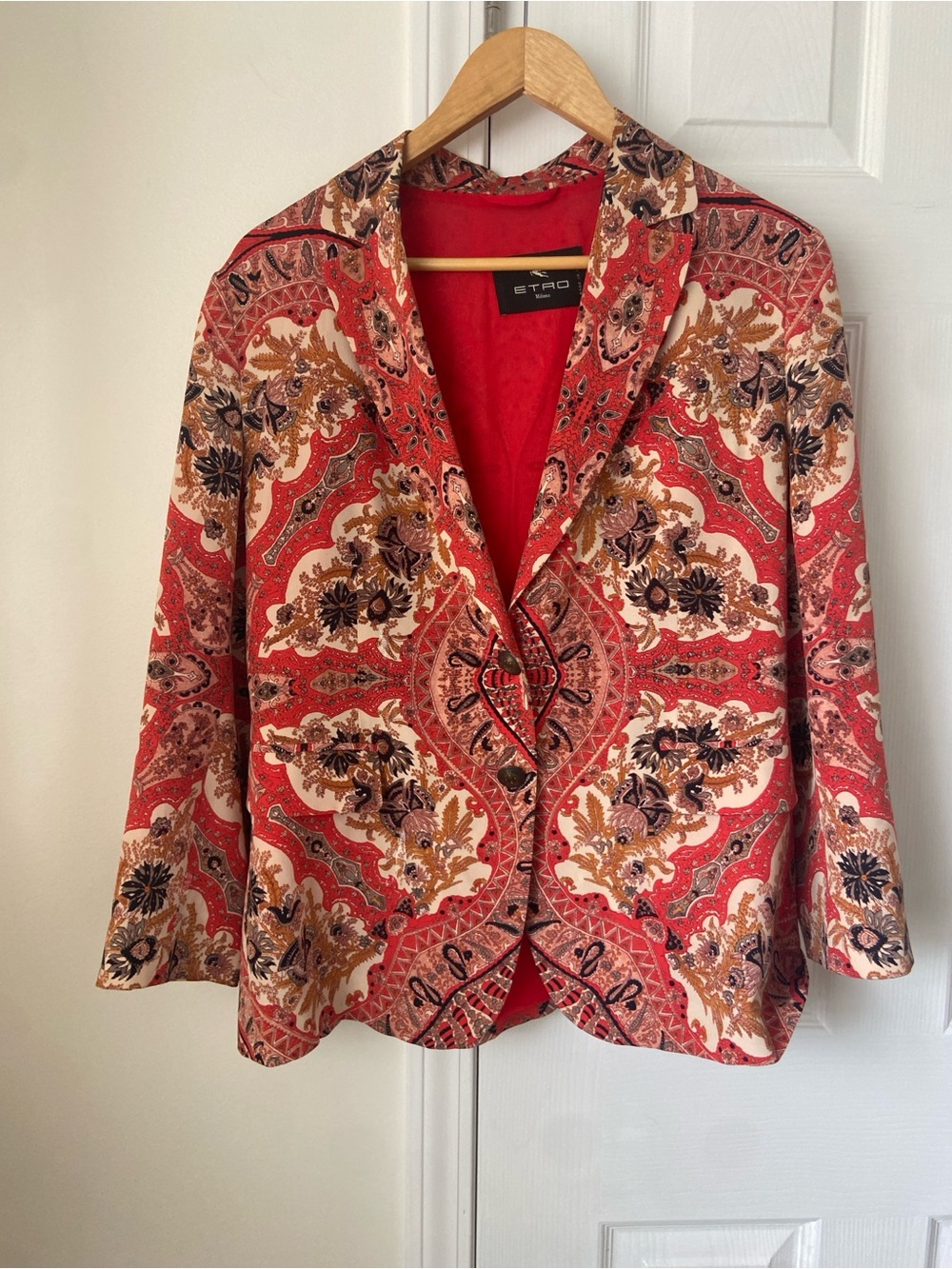 ETRO Jacket Red Beige Multi-Print 100% Silk Size 46